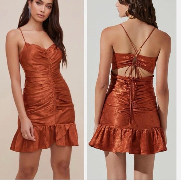 Anthropologie ASTR The Label NWT Mini Ruched Ruffle Silky Dress Women's size L - Picture 1 of 10
